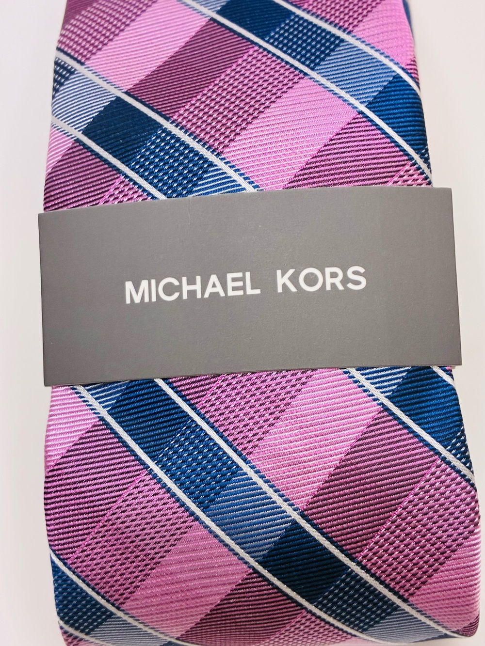NWT Michael Kors Men's Necktie Pink Blue Allister Plaid Woven Silk Blend